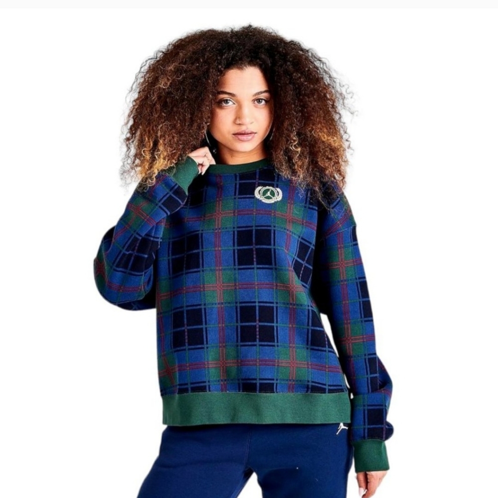 Nike Air Jordan Women's Fleece Blue Plaid Crewneck Sweatshirt